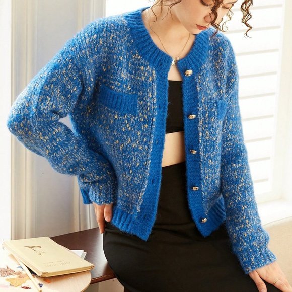 Blue Casual Womens Knit Mix Marled Knit Drop Shoulder Cardigan - Picture 5 of 6
